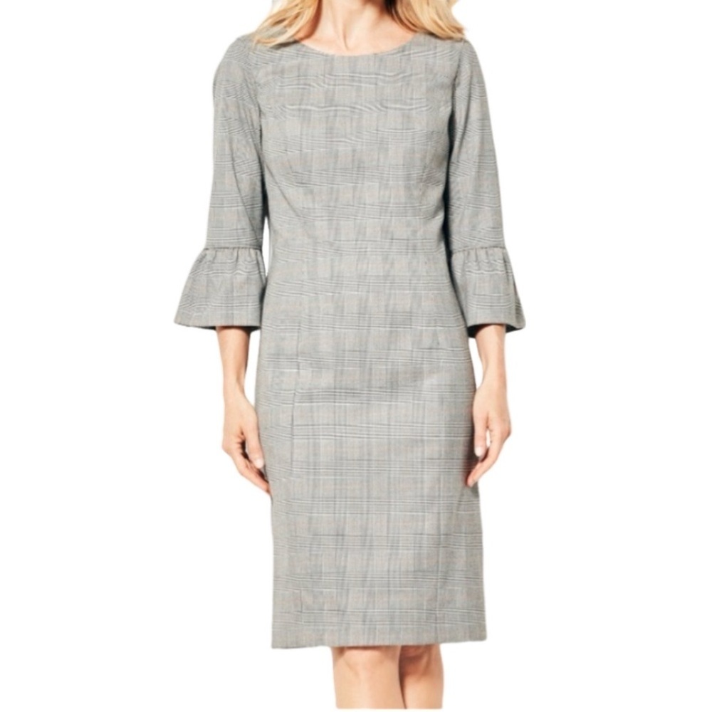 Talbots Glen Gray Plaid Sheath with Ruffle Belle Flounce Sleeves. Size 6.